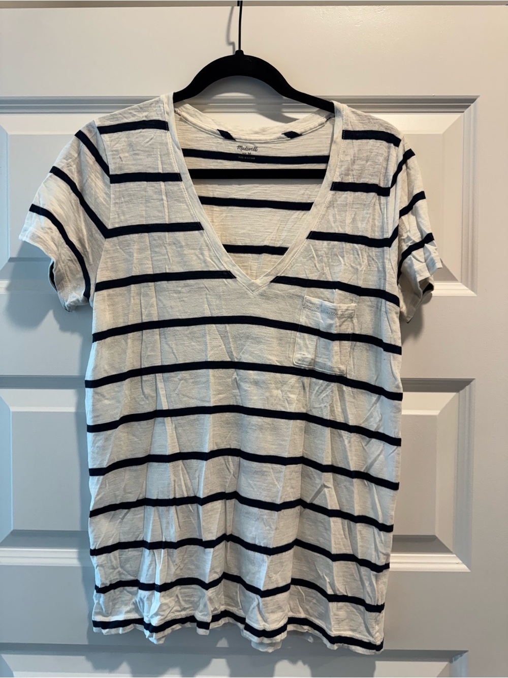 Madewell White & Navy Striped V-Neck Pocket Tee 100% Cotton
